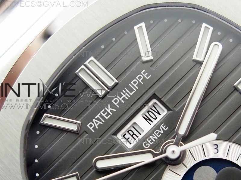 NAUTILUS 5726 SS GRF 1:1 BEST EDITION GRAY DIAL WORKING ANNUAL CALENDARON BLACK LEATHER STARP A.324 V2